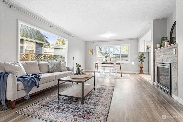 living room with wood-type flooring and a textured ceiling