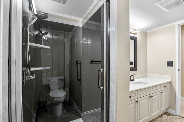 bathroom featuring an enclosed shower, vanity, toilet, and ornamental molding