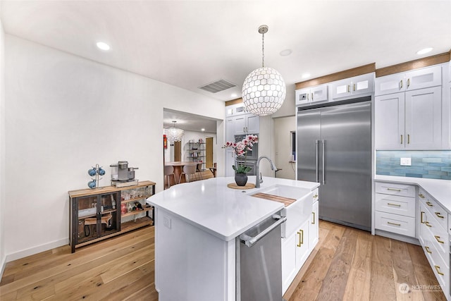 kitchen featuring light wood-type flooring, a center island with sink, stainless steel appliances, sink, and pendant lighting