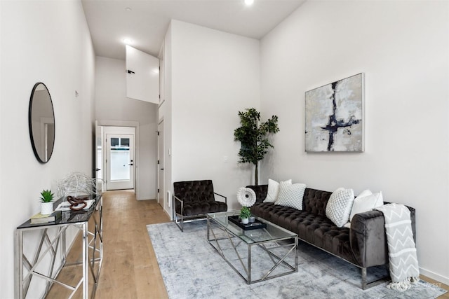 living room with hardwood / wood-style floors and a high ceiling