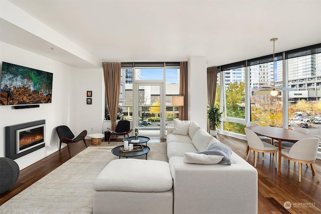 living room with floor to ceiling windows and dark wood-type flooring