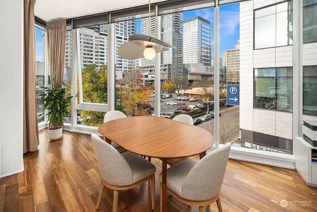 dining space featuring a wall of windows and wood-type flooring