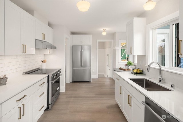 kitchen with white cabinetry, high end appliances, and sink