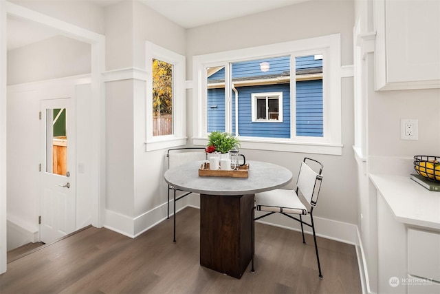 dining area featuring breakfast area and dark wood-type flooring