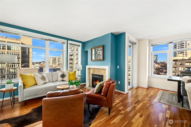 living room with a tiled fireplace and hardwood / wood-style floors