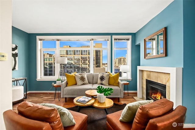 living room featuring a fireplace, hardwood / wood-style floors, and plenty of natural light