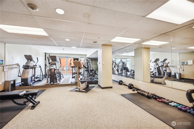 workout area featuring a paneled ceiling, carpet floors, and a healthy amount of sunlight