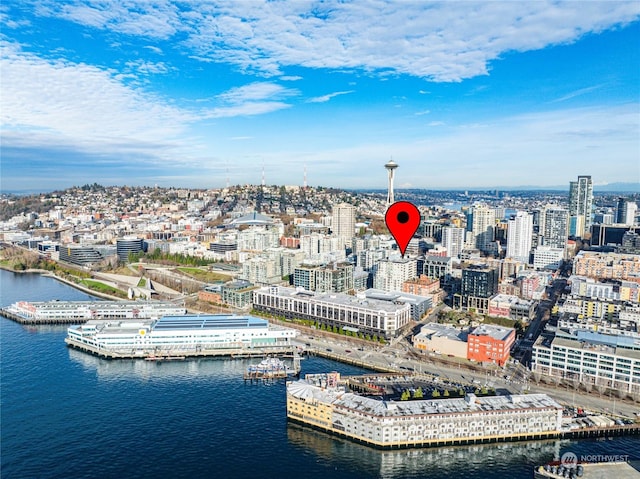 drone / aerial view with a water view