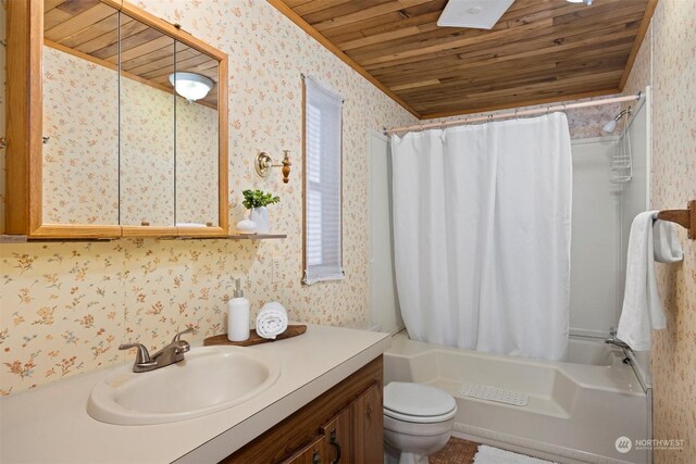 full bathroom featuring shower / tub combo with curtain, vanity, wood ceiling, and toilet