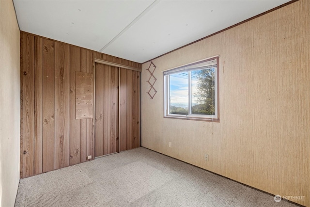 carpeted empty room featuring wood walls