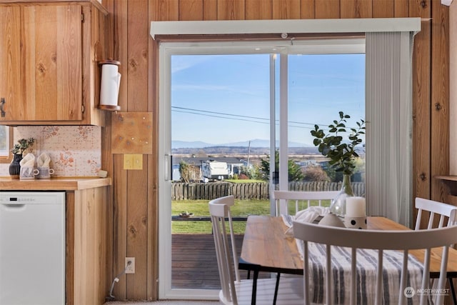 doorway with a mountain view, a healthy amount of sunlight, and wooden walls