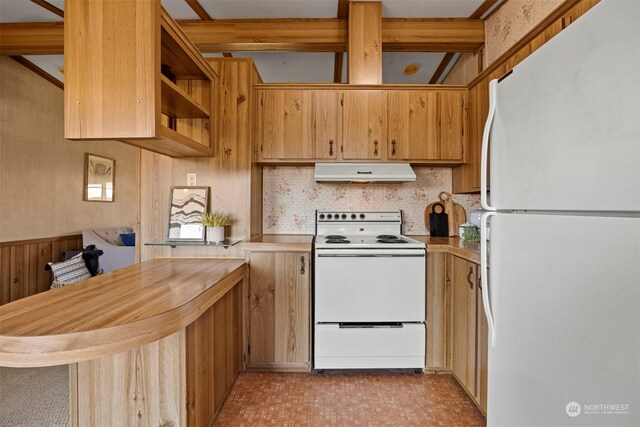 kitchen featuring beamed ceiling, wood walls, white appliances, and kitchen peninsula