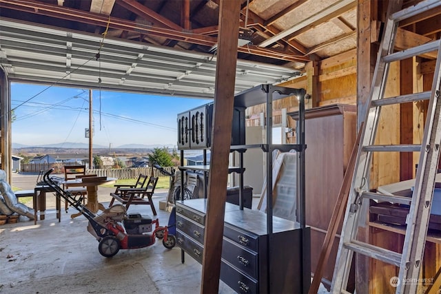 garage featuring a mountain view