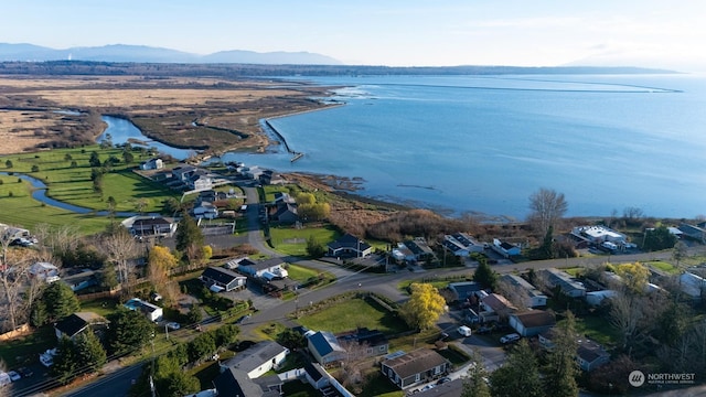 drone / aerial view with a water and mountain view