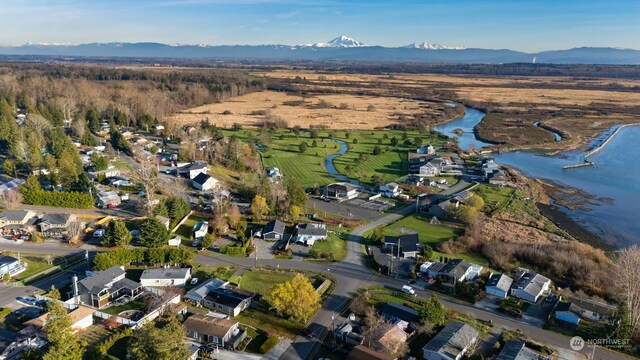 birds eye view of property featuring a water and mountain view