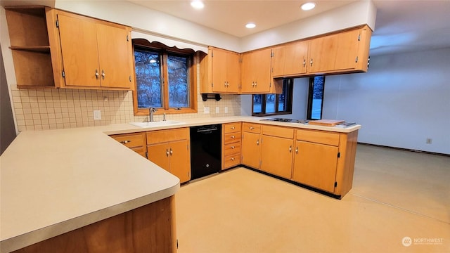 kitchen with a sink, open shelves, backsplash, light countertops, and dishwasher