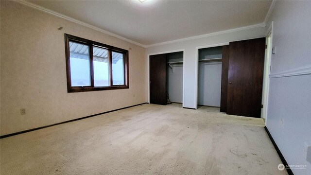 unfurnished bedroom featuring baseboards, multiple closets, light carpet, and ornamental molding