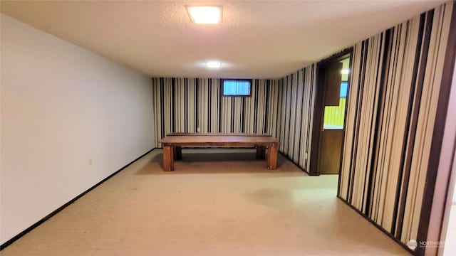 interior space featuring a textured ceiling and carpet flooring