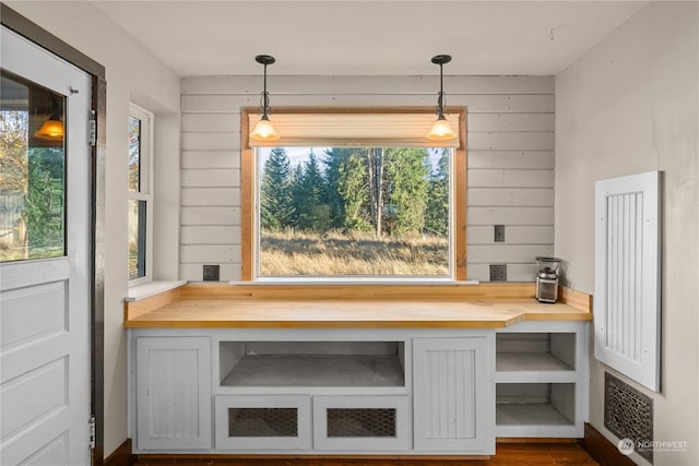 interior space with wood walls, plenty of natural light, and dark hardwood / wood-style floors