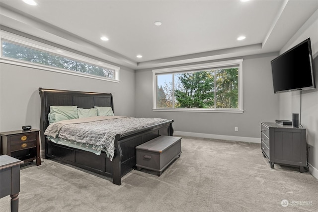 carpeted bedroom with a tray ceiling