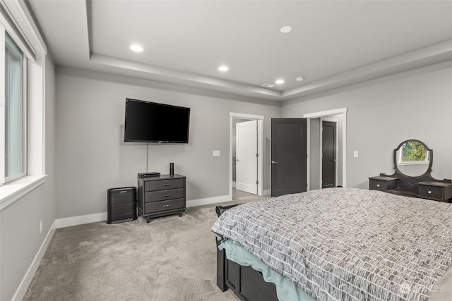 bedroom with a raised ceiling, light colored carpet, and multiple windows