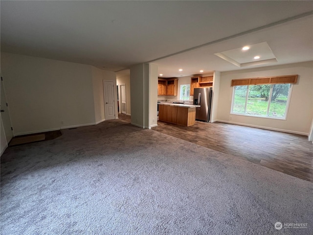 unfurnished living room featuring dark hardwood / wood-style floors and a raised ceiling