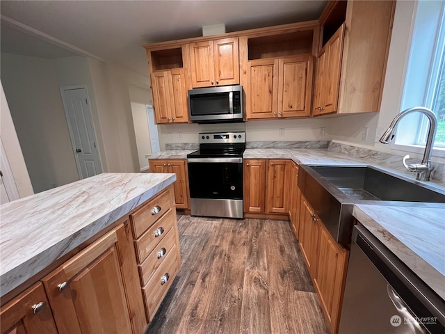 16818 57th St NW, Vaughn, WA 98394 - kitchen with stainless steel appliances, open shelves, dark wood-style flooring, and light countertops