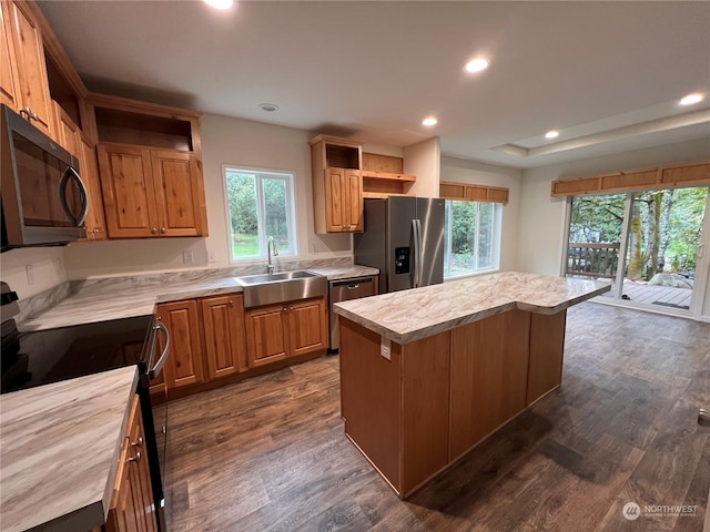 kitchen featuring sink, a wealth of natural light, a kitchen island, dark hardwood / wood-style flooring, and stainless steel appliances