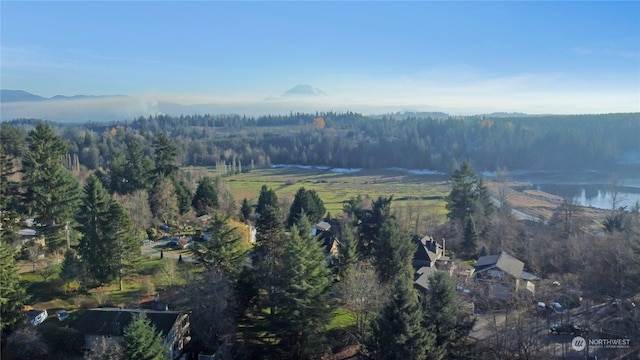 drone / aerial view featuring a wooded view