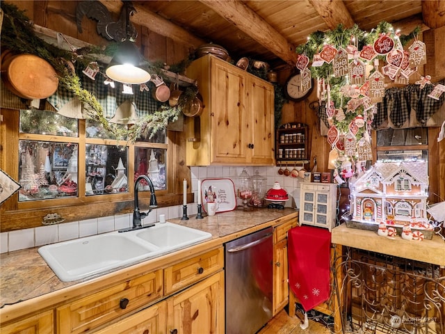 kitchen with backsplash, sink, beam ceiling, wooden ceiling, and dishwasher