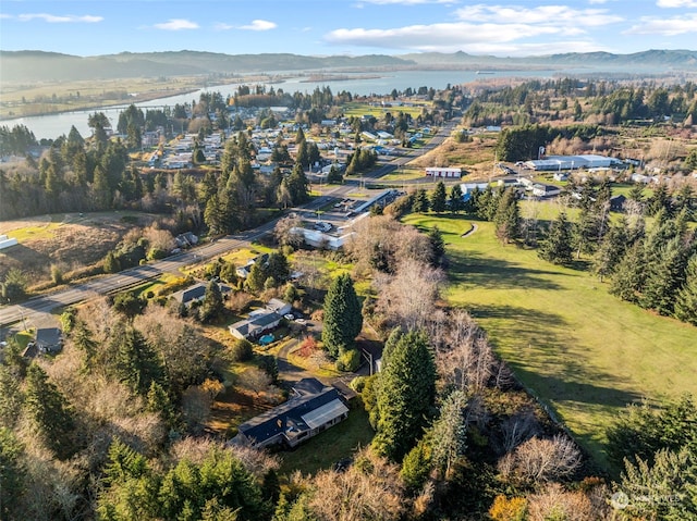 drone / aerial view featuring a water and mountain view