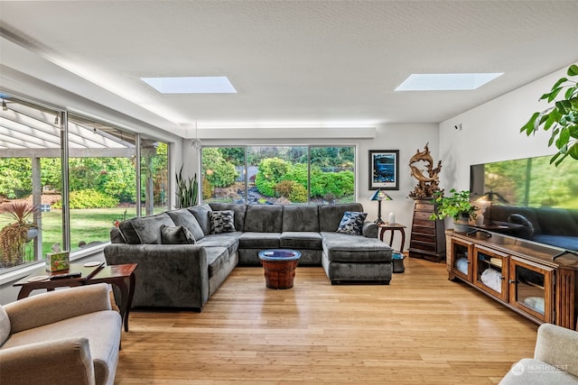 living room with a textured ceiling, light hardwood / wood-style floors, and a skylight