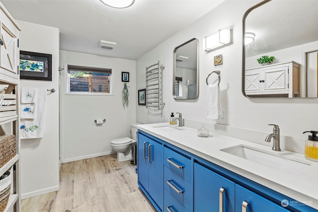 bathroom with vanity, toilet, and wood-type flooring