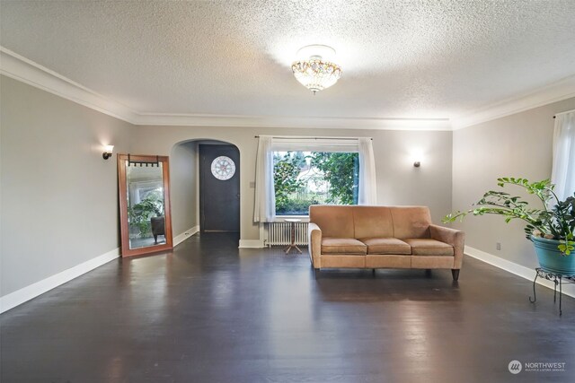 unfurnished living room featuring a textured ceiling, dark hardwood / wood-style floors, radiator heating unit, and crown molding