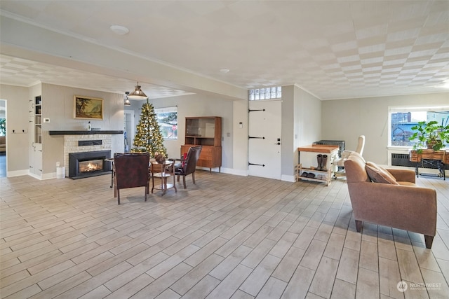 interior space featuring light hardwood / wood-style floors and ornamental molding