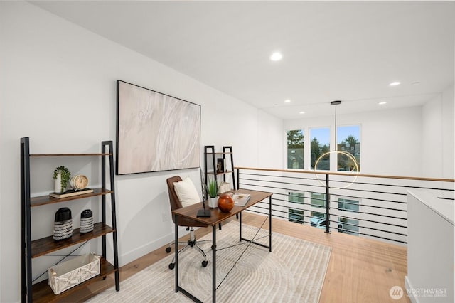 office area featuring recessed lighting, wood finished floors, and baseboards