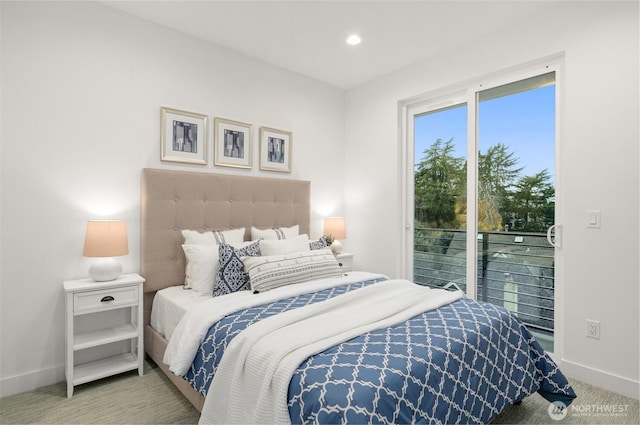 carpeted bedroom featuring access to outside, recessed lighting, and baseboards