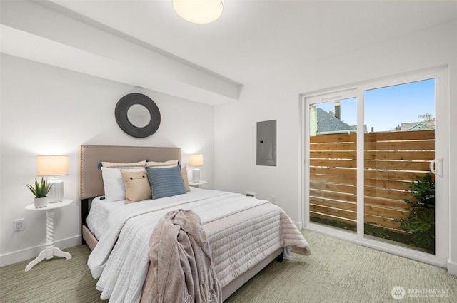 bedroom with electric panel, carpet, and baseboards