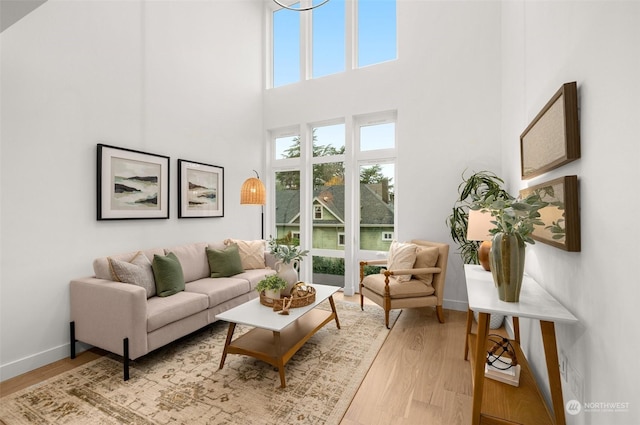 living room with a high ceiling and light hardwood / wood-style floors