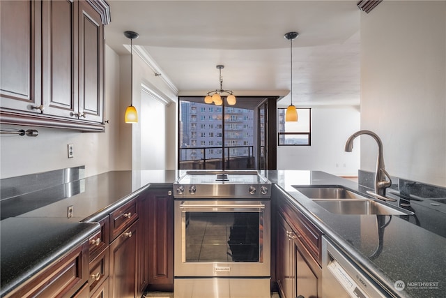 kitchen with dark brown cabinets, stainless steel appliances, hanging light fixtures, and sink