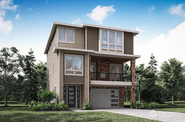 modern home featuring a balcony, a front lawn, and a garage