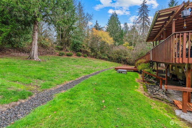 view of yard featuring a wooden deck