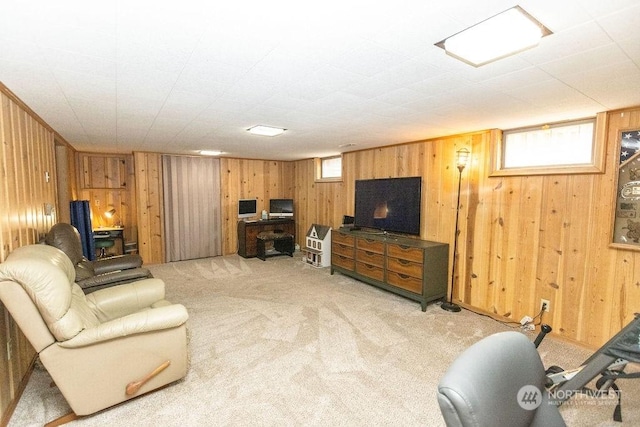 carpeted living room with wooden walls and a healthy amount of sunlight