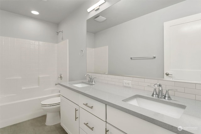 full bathroom featuring shower / bath combination, backsplash, toilet, and vanity