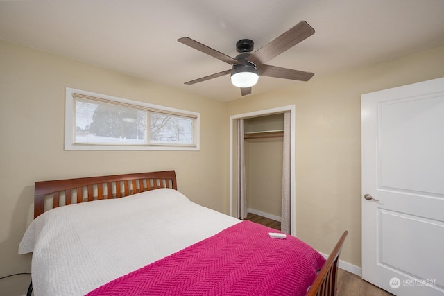 bedroom featuring ceiling fan, a closet, and wood-type flooring