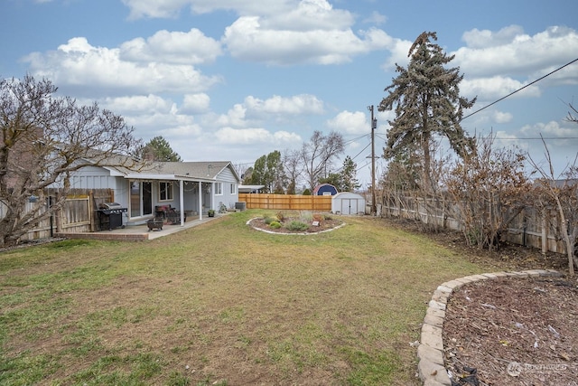 view of yard featuring a patio area and a shed