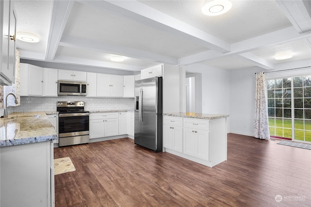 kitchen featuring beam ceiling, white cabinetry, sink, stainless steel appliances, and dark hardwood / wood-style floors