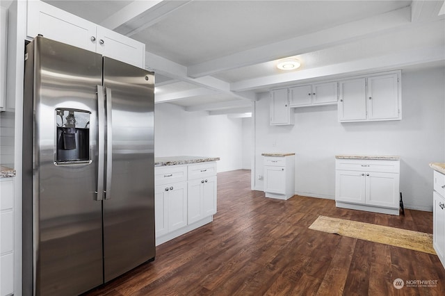 kitchen featuring stainless steel fridge with ice dispenser, dark hardwood / wood-style flooring, white cabinetry, and beam ceiling