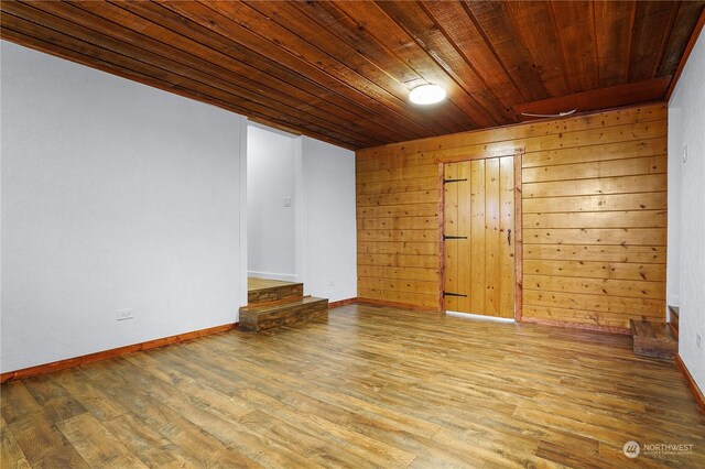 spare room featuring wood walls, light hardwood / wood-style flooring, and wood ceiling