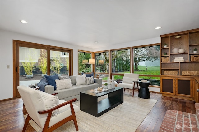 living room with dark hardwood / wood-style flooring